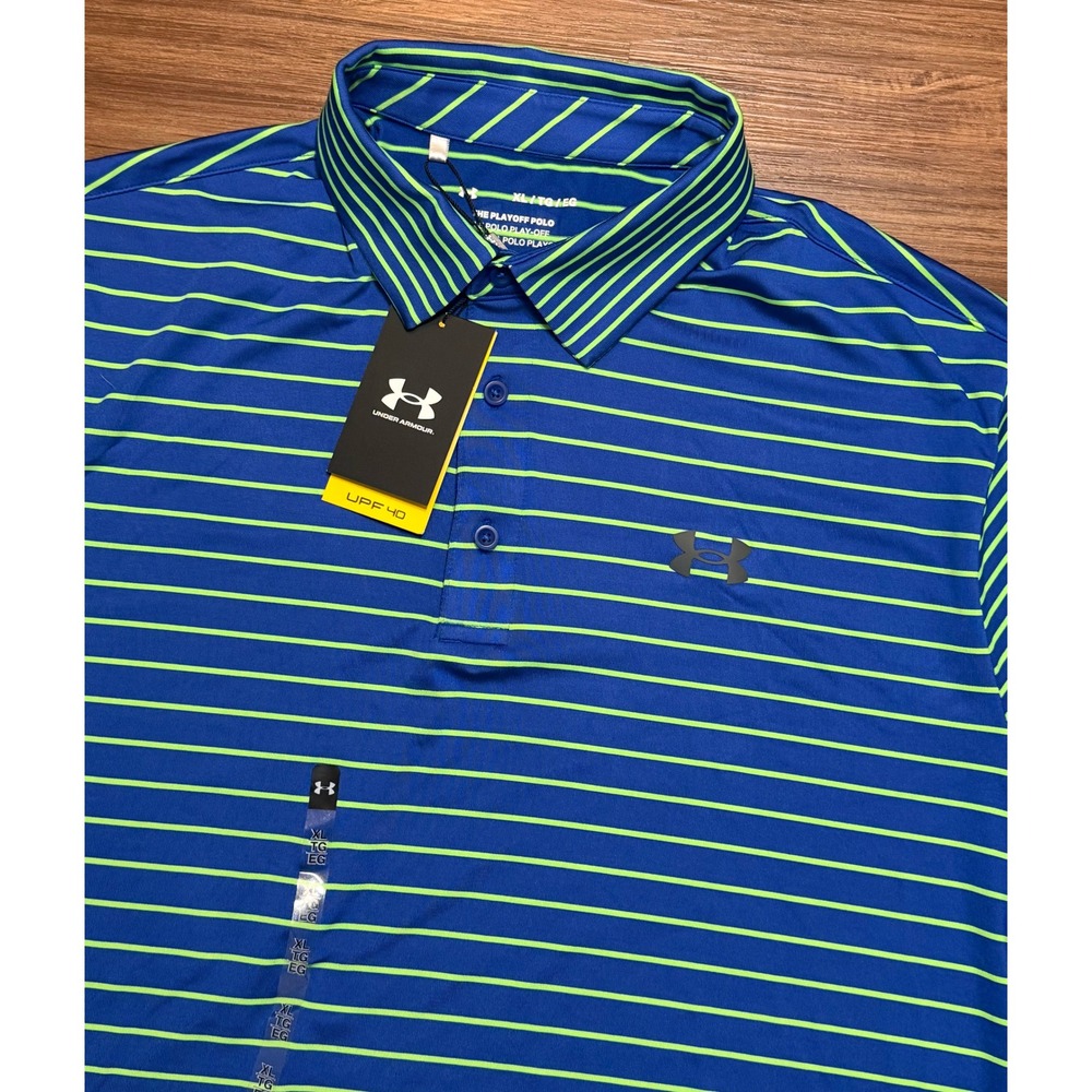 Under Armour Mens The Playoff Polo Performance Blue Green Striped Sz XL